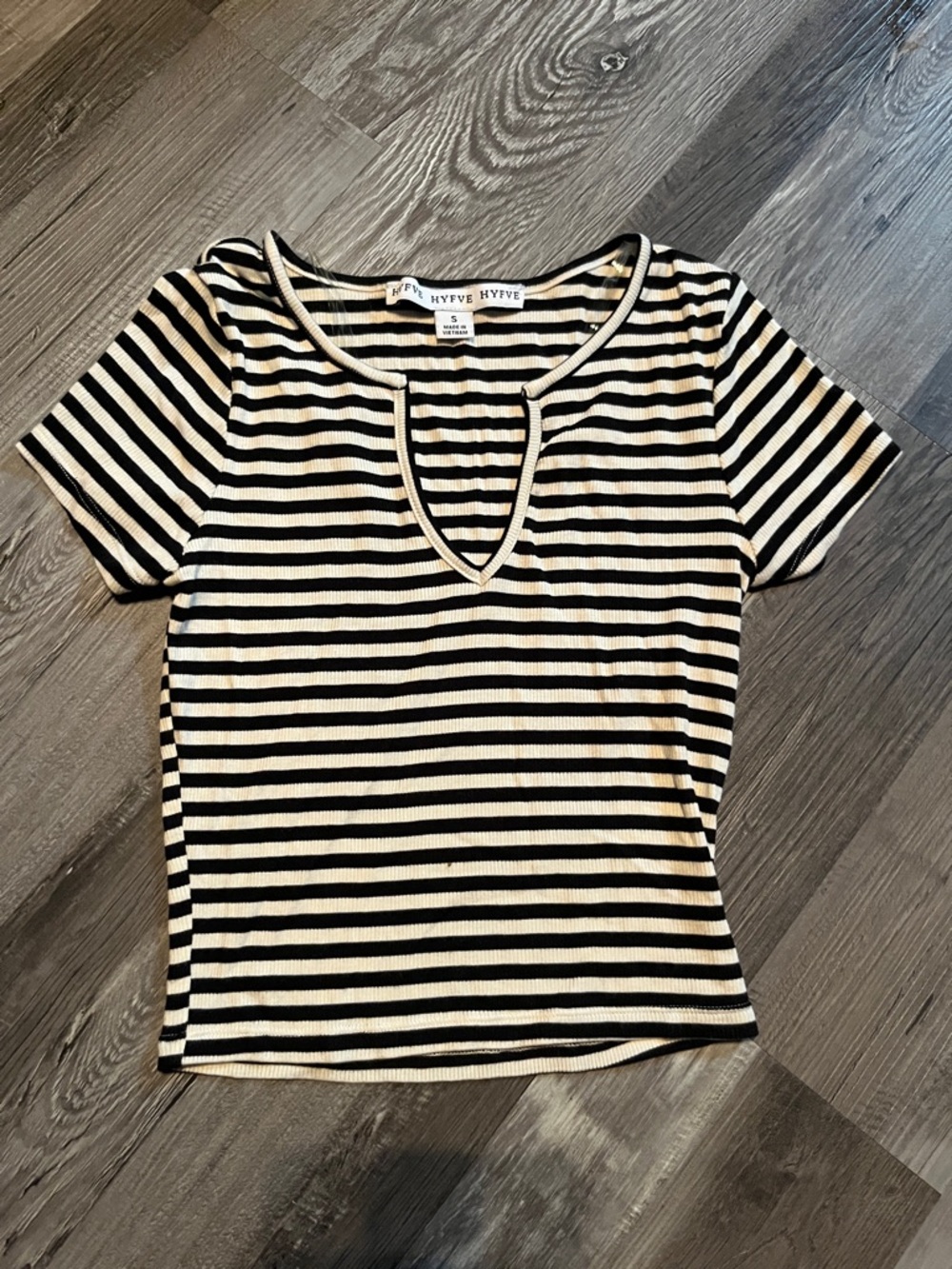 HYFVE Black & Cream Striped Short Sleeve Keyhole Top